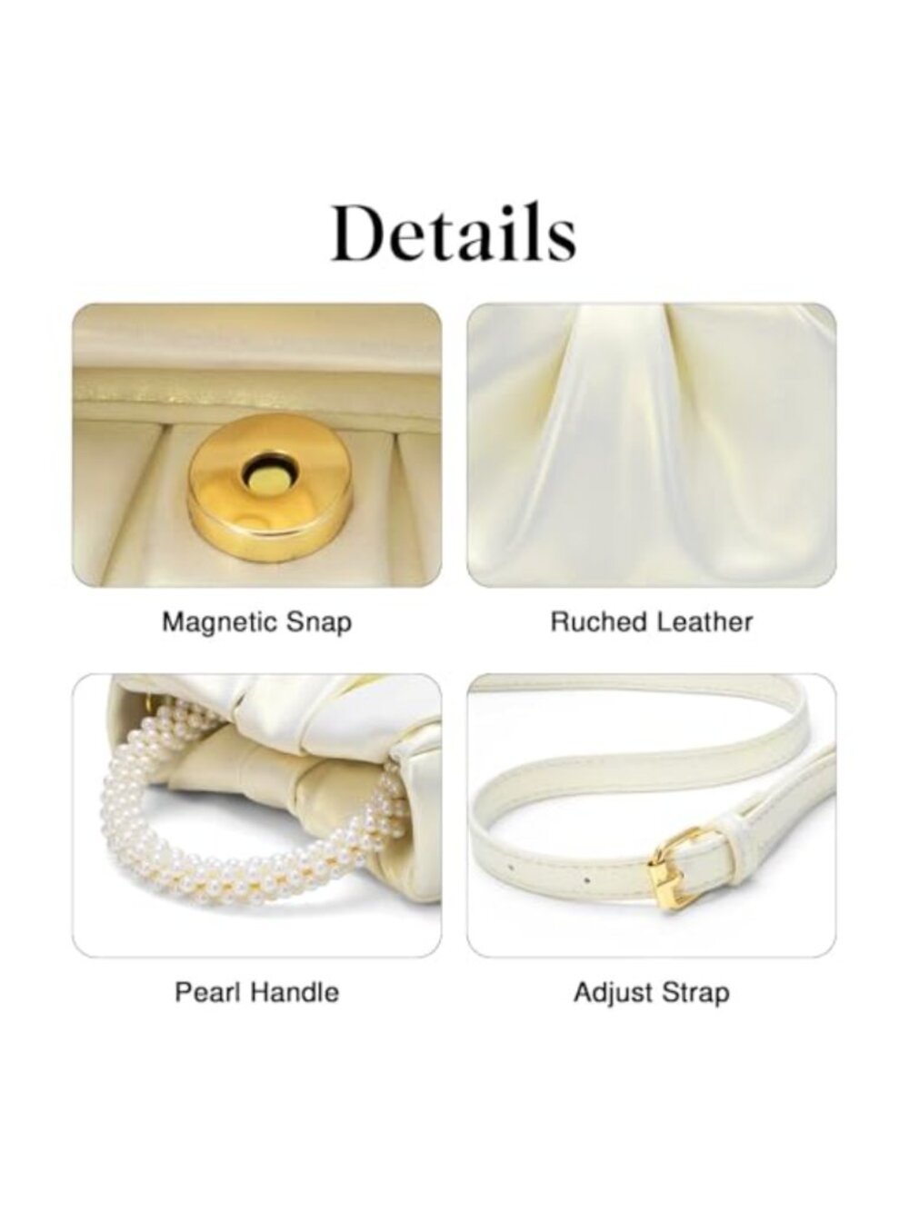 Evening Bags Pearl Clutch Purse Soft Leather Ruched Crossbody Handbag Wedding - Picture 5 of 6
